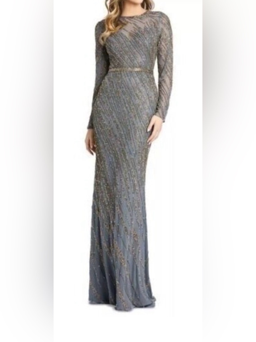 Mac Duggal (324) Embellished Long Sleeve Evening Gown in Gray size 12